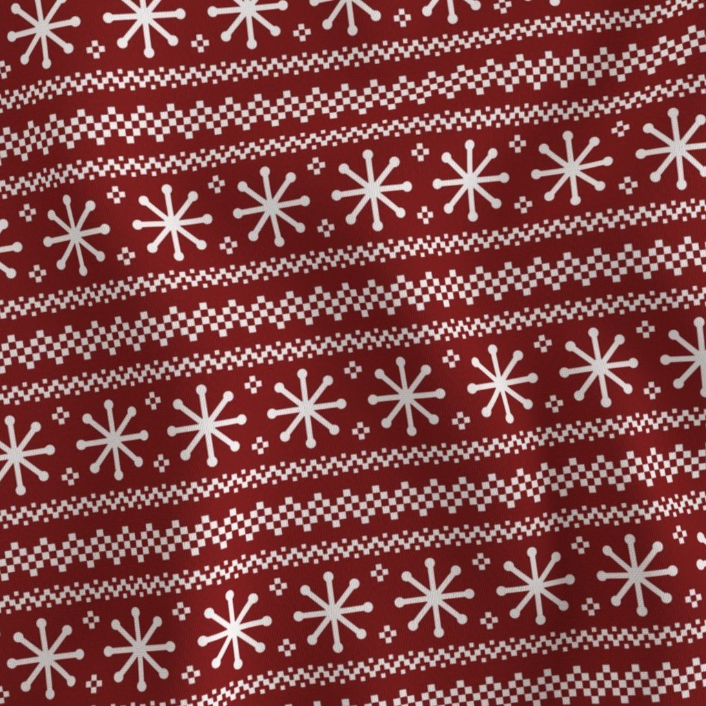 Large Dark Christmas Candy Apple Red Snowflake Stripes in White Fabric red snowflakes fabric