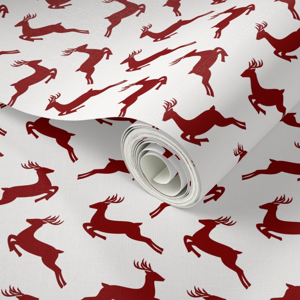 Large Dark Christmas Candy Apple Red Leaping Reindeer on White Interior Collection Decor Collection leaping deer wallpaper