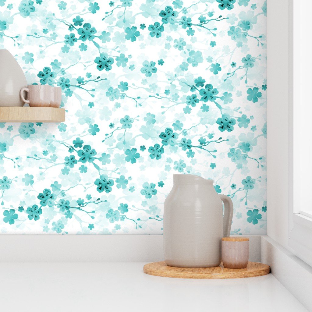 Bright Aqua Blue Pastel Watercolor Cherry Blossom Flowers and Vines Home Styling Collection Interior Collection flowers vines wallpaper