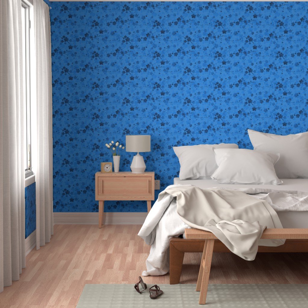 Classic Blue Pastel Watercolor Cherry Blossom Flowers and Vines Home Styling Collection Interior Collection classic blue wallpaper
