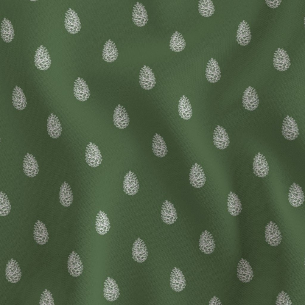 Christmas Pine Cone in Bright White on Fir Tree Green Fabric christmas pine cone fabric