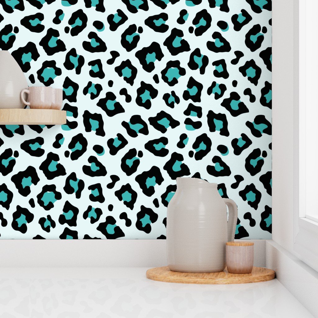 Jumbo Leopard Spots Animal Repeat Pattern Print in Turquoise Blue and Black Decor Collection Home Styling Collection animal pattern wallpaper