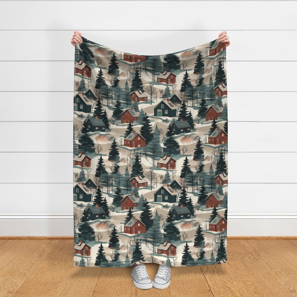Montana Winter Cabins Montana with Evergreens Fabric winter cabins fabric