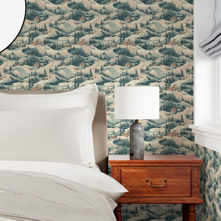 Small Vintage Ski Slope Cabins in Woods Blue Interior Collection Home Styling Collection ski slope wallpaper