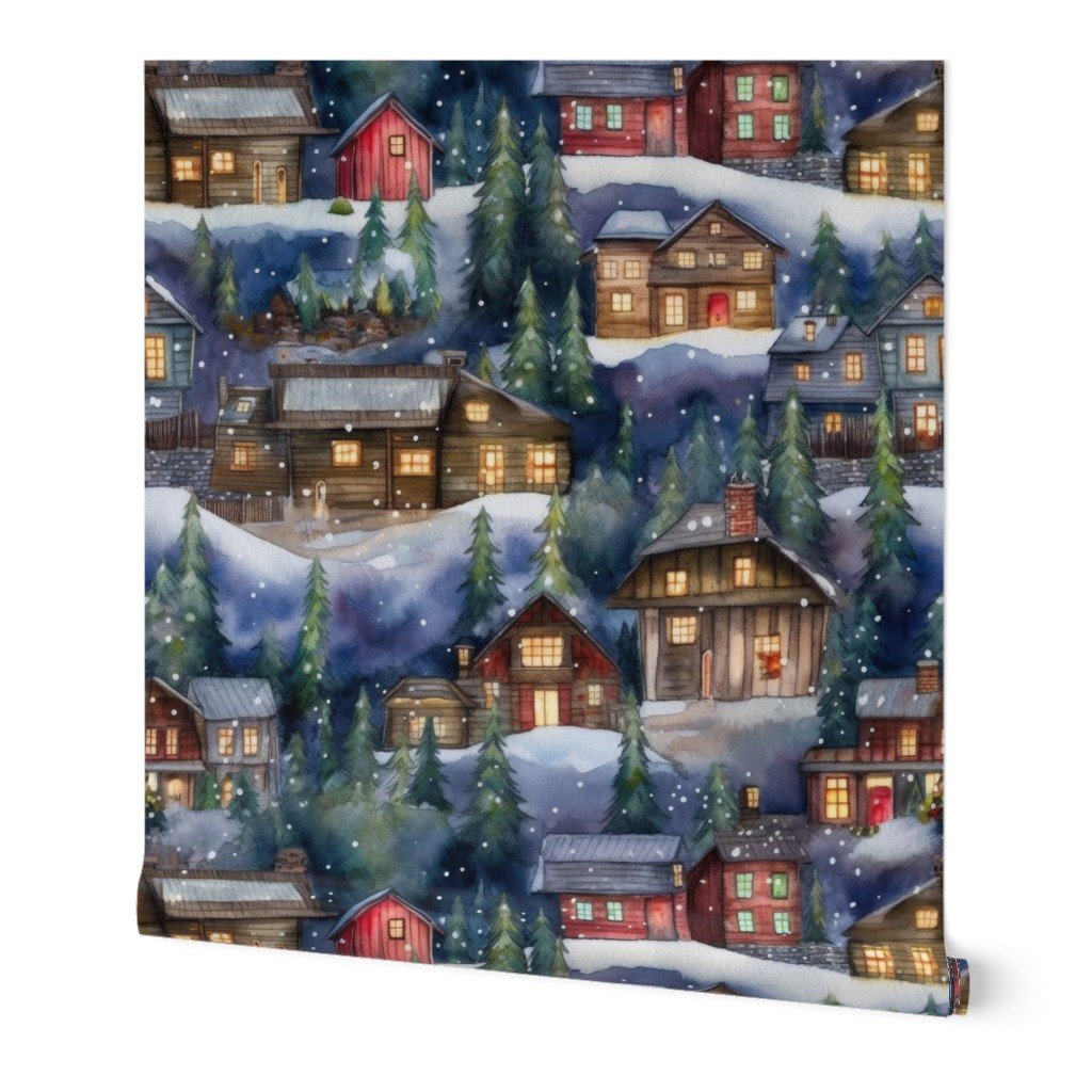 Large Christmas Christmas Rustic Village Winter Cabins Watercolor Home Decor Collection Home Styling Collection christmas scene wallpaper