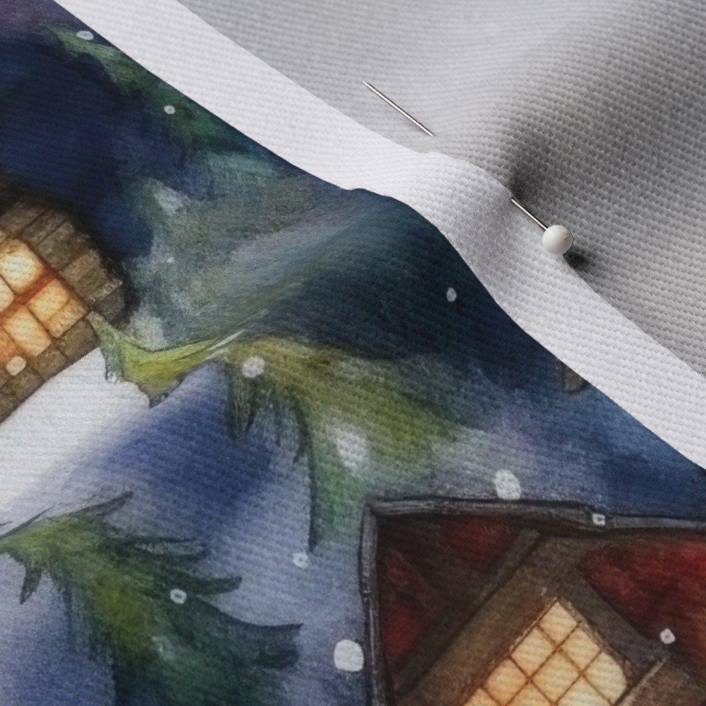 Small Christmas Christmas Rustic Village Winter Cabins Watercolor Fabric rustic cabins fabric