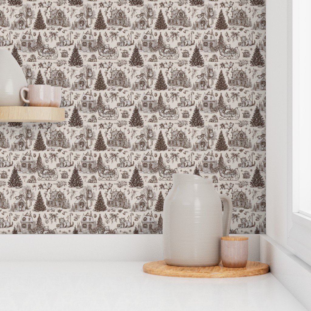 Christmas Cats Toile Chocolate Brown Home Styling Collection Decor Collection cat pattern wallpaper