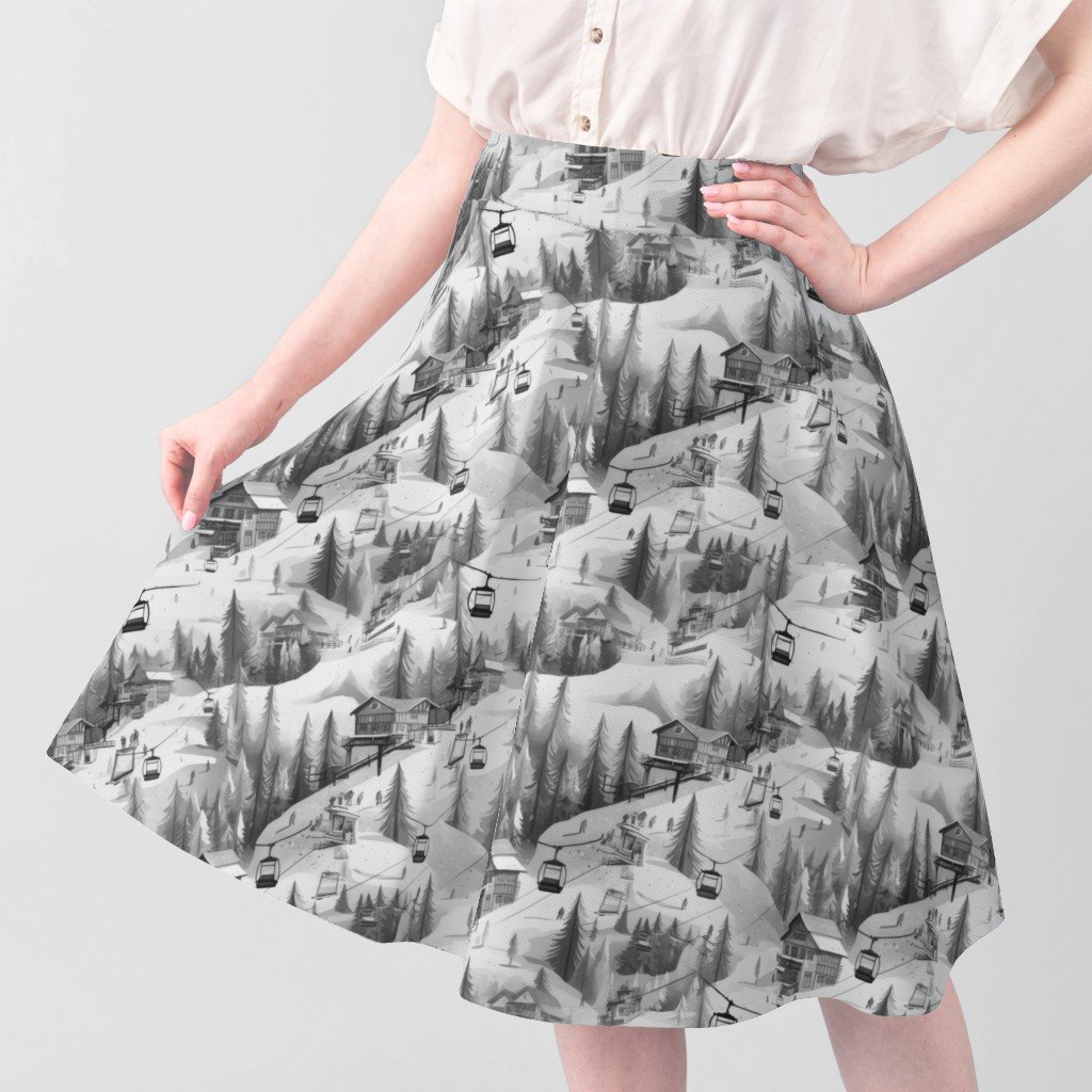 Vintage Ski Slope Cabins in Black and White Fabric mountain village fabric