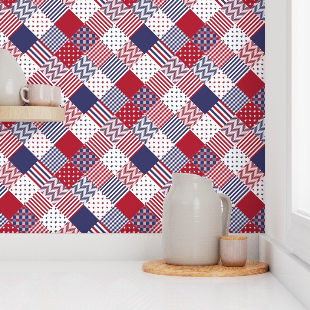 USA Americana Patchwork Red White & Blue Quilt Patterns Decor Collection Interior Collection cheater quilt wallpaper