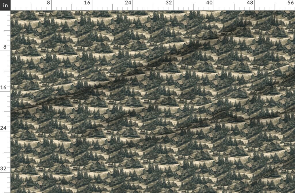 Montana Treescape Evergreens with Cabins Fabric design