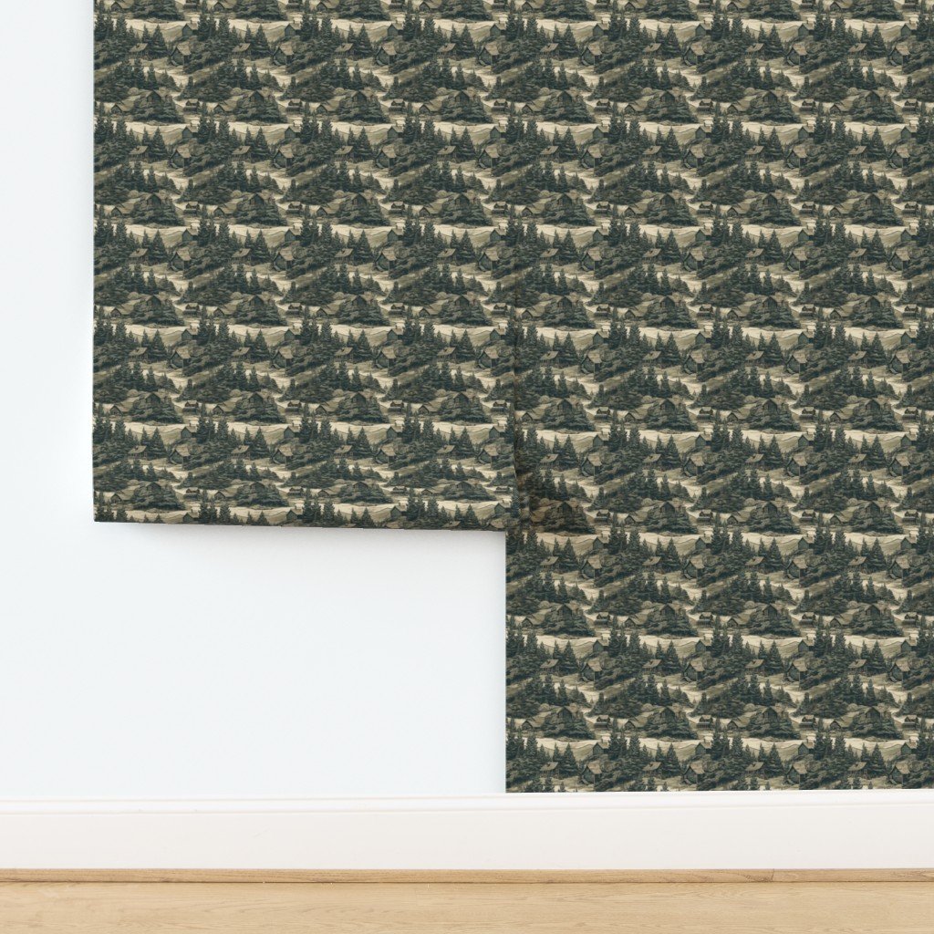 Montana Treescape Evergreens with Cabins Wallpaper design