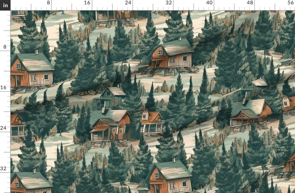 Montana Treescape Evergreens with Cabins Fabric design