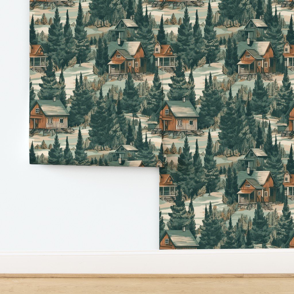 Montana Treescape Evergreens with Cabins Wallpaper design