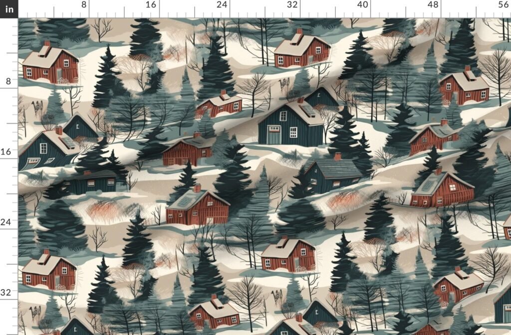 Montana Winter Cabins Montana with Evergreens Fabric design