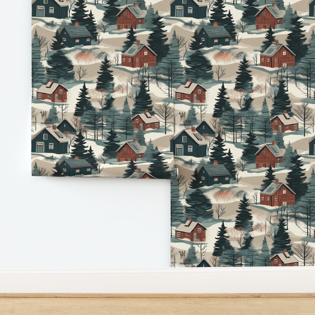 Montana Winter Cabins Montana with Evergreens Wallpaper design