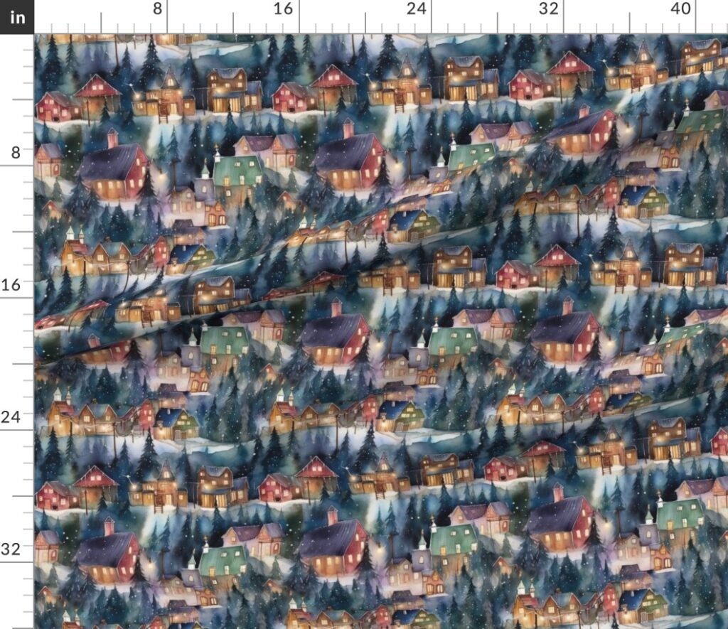 Montana Christmas at Midnight Street Watercolor Fabric design