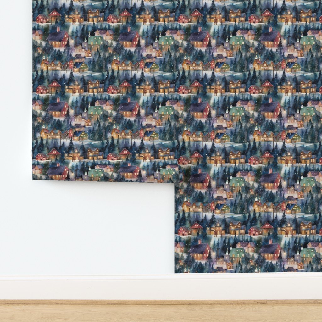 Montana Christmas at Midnight Street Watercolor Wallpaper design