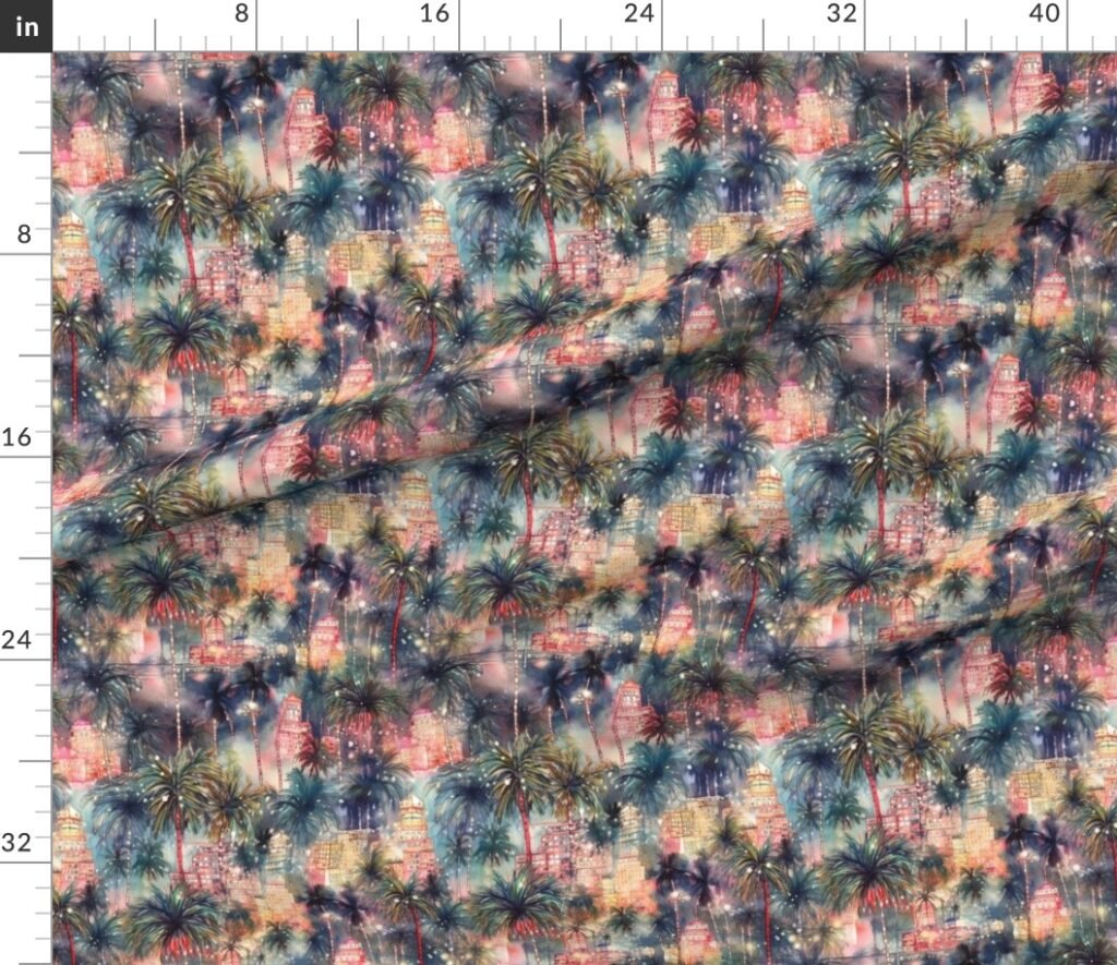 Miami City Christmas Streets Watercolor Fabric design