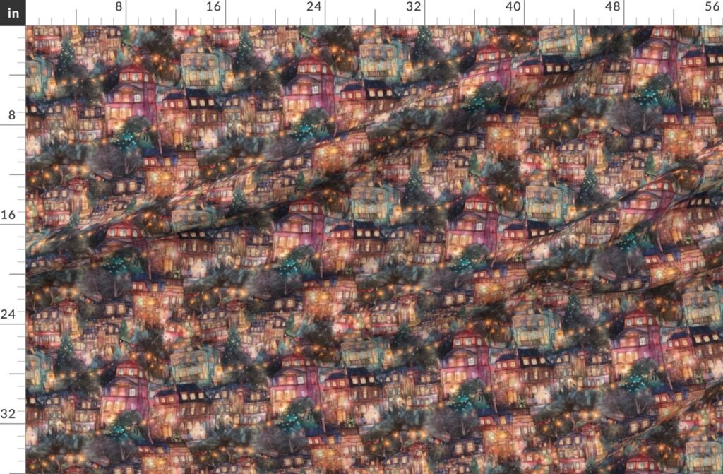 London City Christmas at Midnight Street Watercolor Fabric design