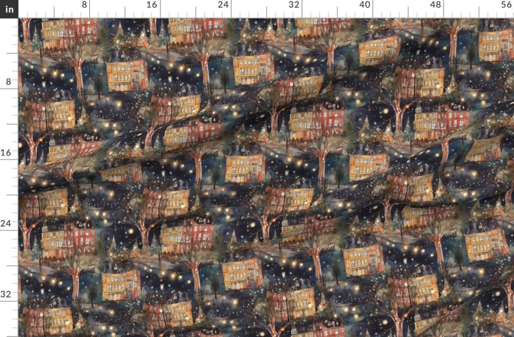 London City Christmas at Midnight Street Watercolor Fabric design