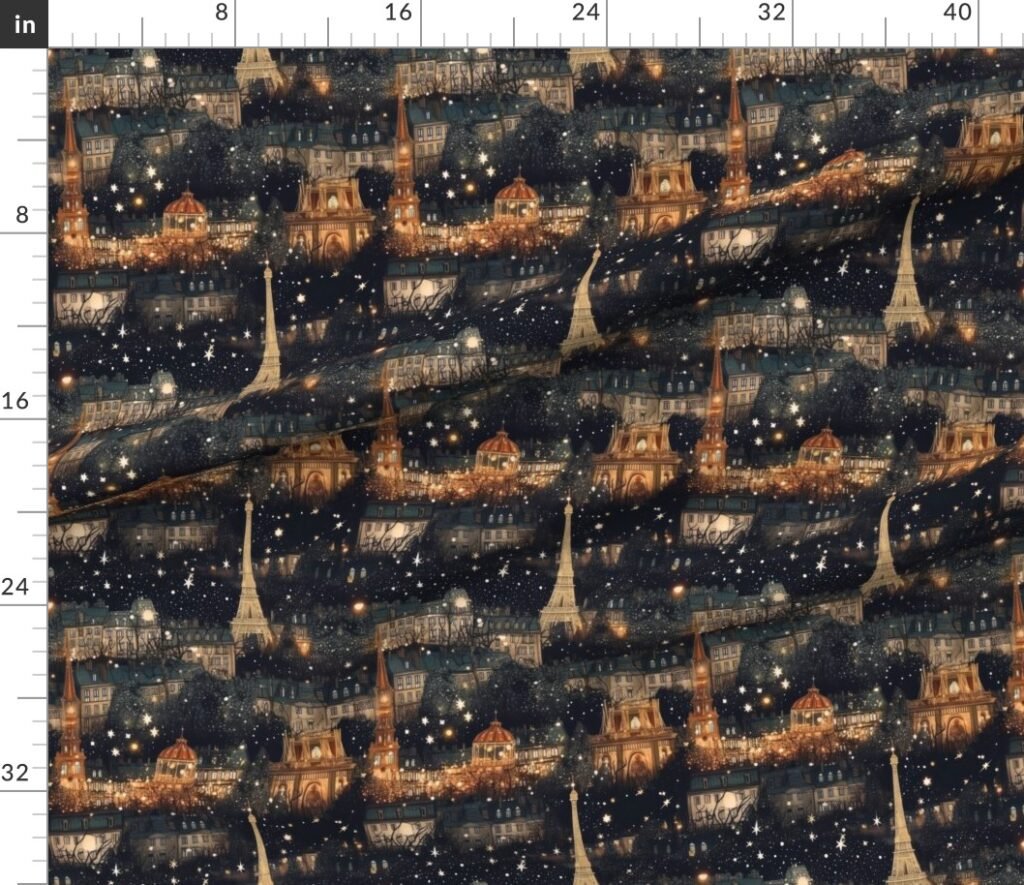 Paris City Christmas at Midnight Street Watercolor Fabric design