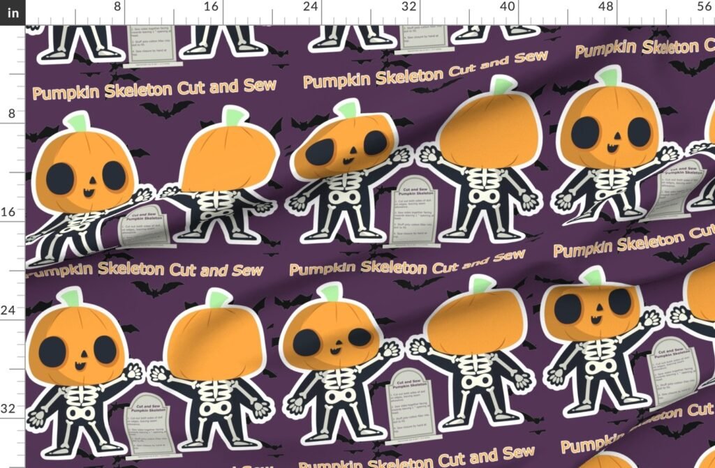 Cut and Sew Halloween Orange Pumpkin Skeleton Doll Project Fabric design