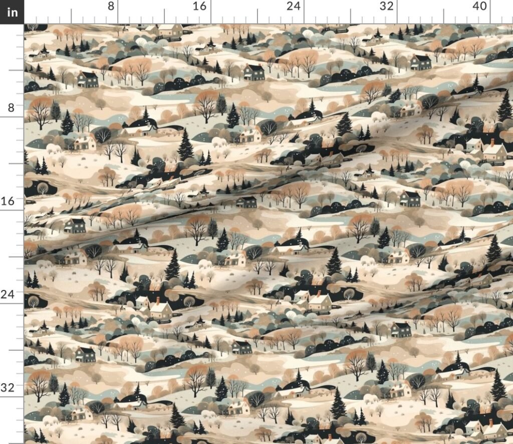 Small Vintage New England Village Winter Fabric design