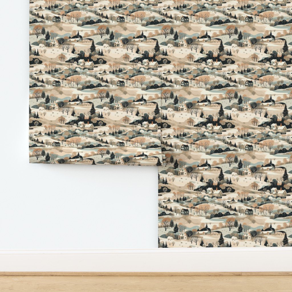 Small Vintage New England Village Winter Wallpaper design
