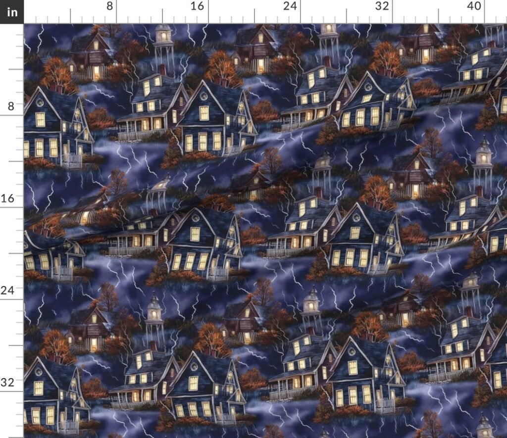 New England Haunted Village at Night with Lightning Storm Fabric design