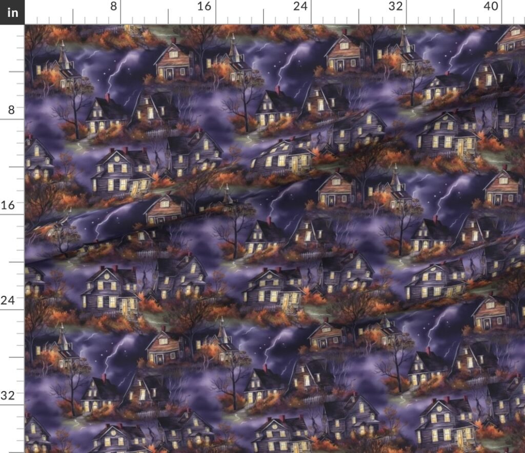 New England Haunted Village at Night with Purple Spooky Lightning Fabric design