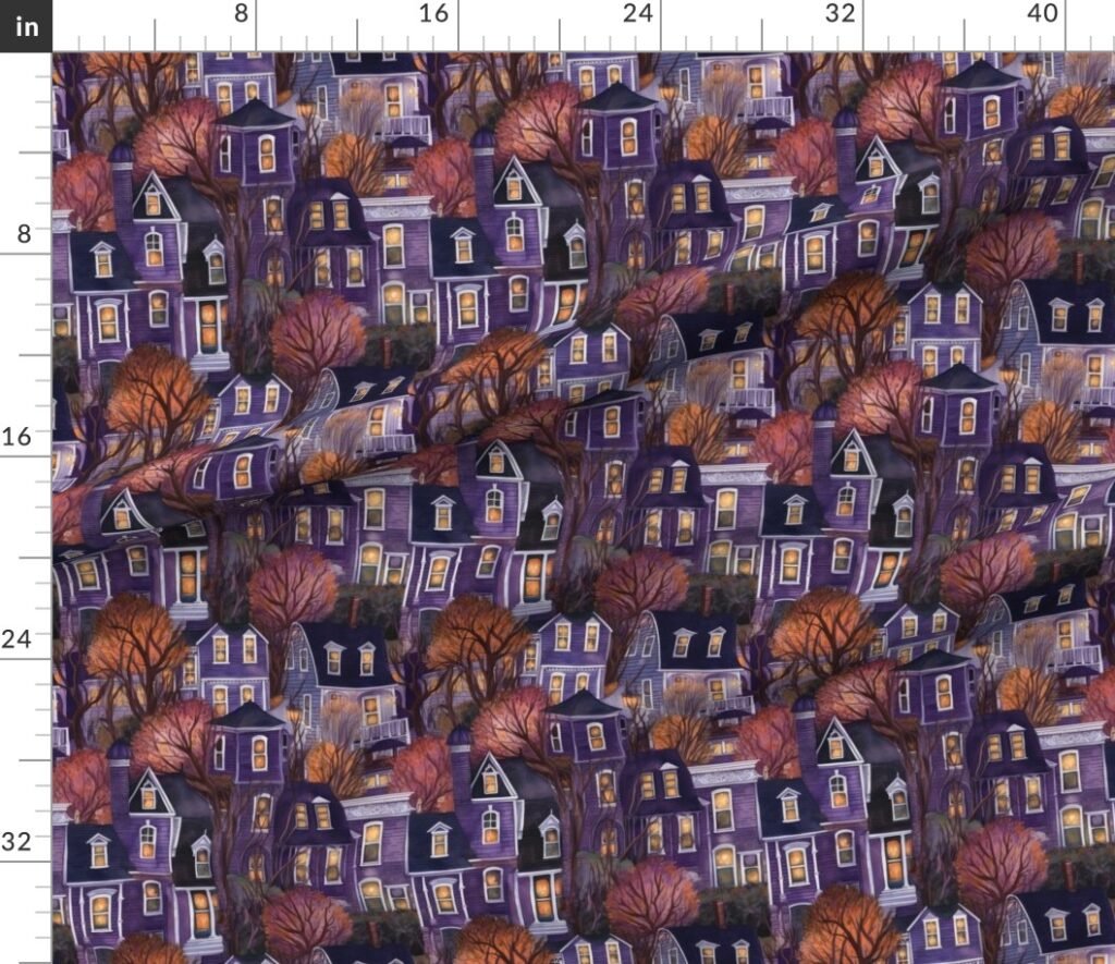Bright Purple Haunted New England Village Watercolor Fabric design