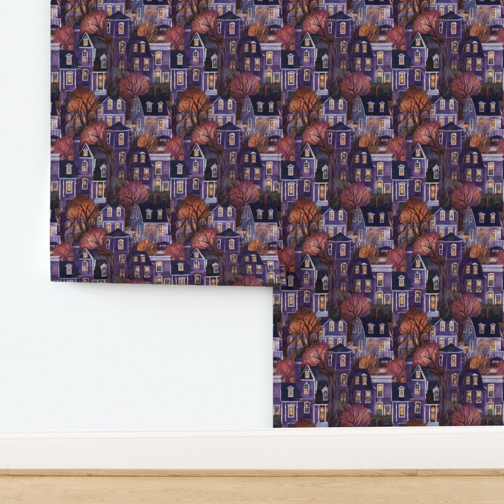 Bright Purple Haunted New England Village Watercolor Wallpaper design