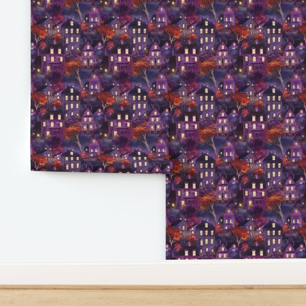 Bright Purple Haunted New England Village Watercolor Decor Collection design