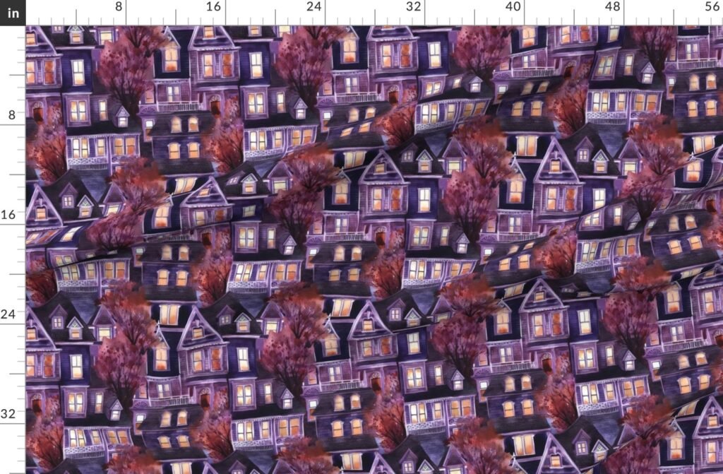 Bright Purple Haunted New England Village Watercolor Fabric design