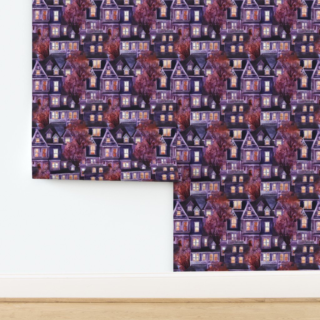 Bright Purple Haunted New England Village Watercolor Wallpaper design