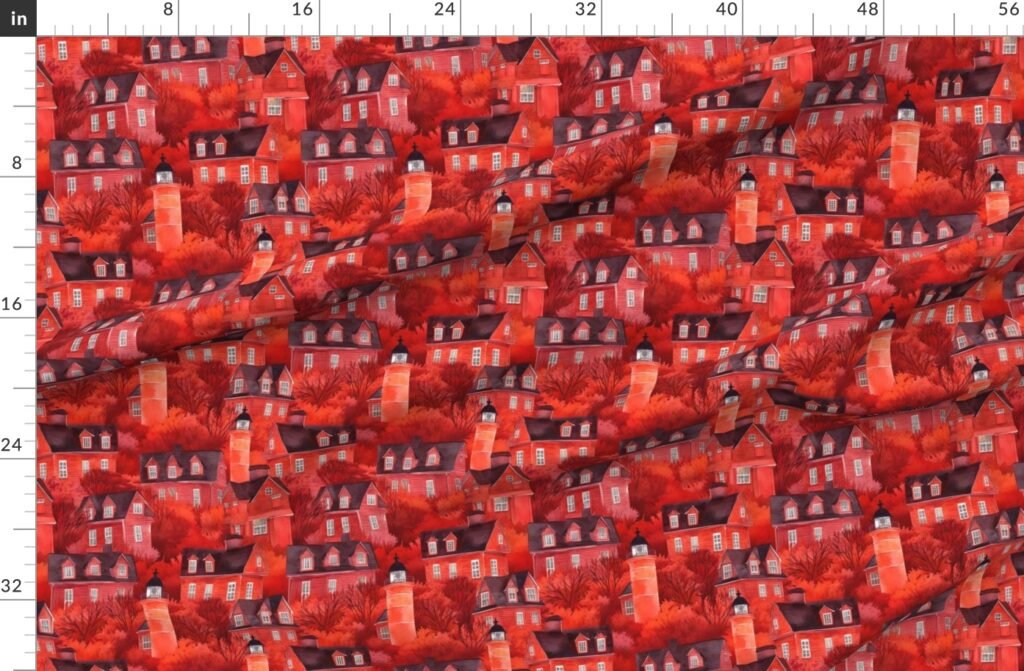 Bright Red Haunted New England Village Watercolor with Lighthouse Fabric design