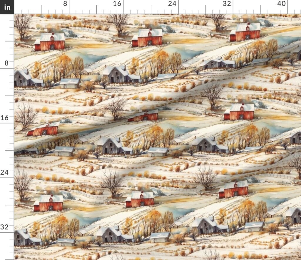 Winter Snowy Farm Landscape Watercolor Fabric design