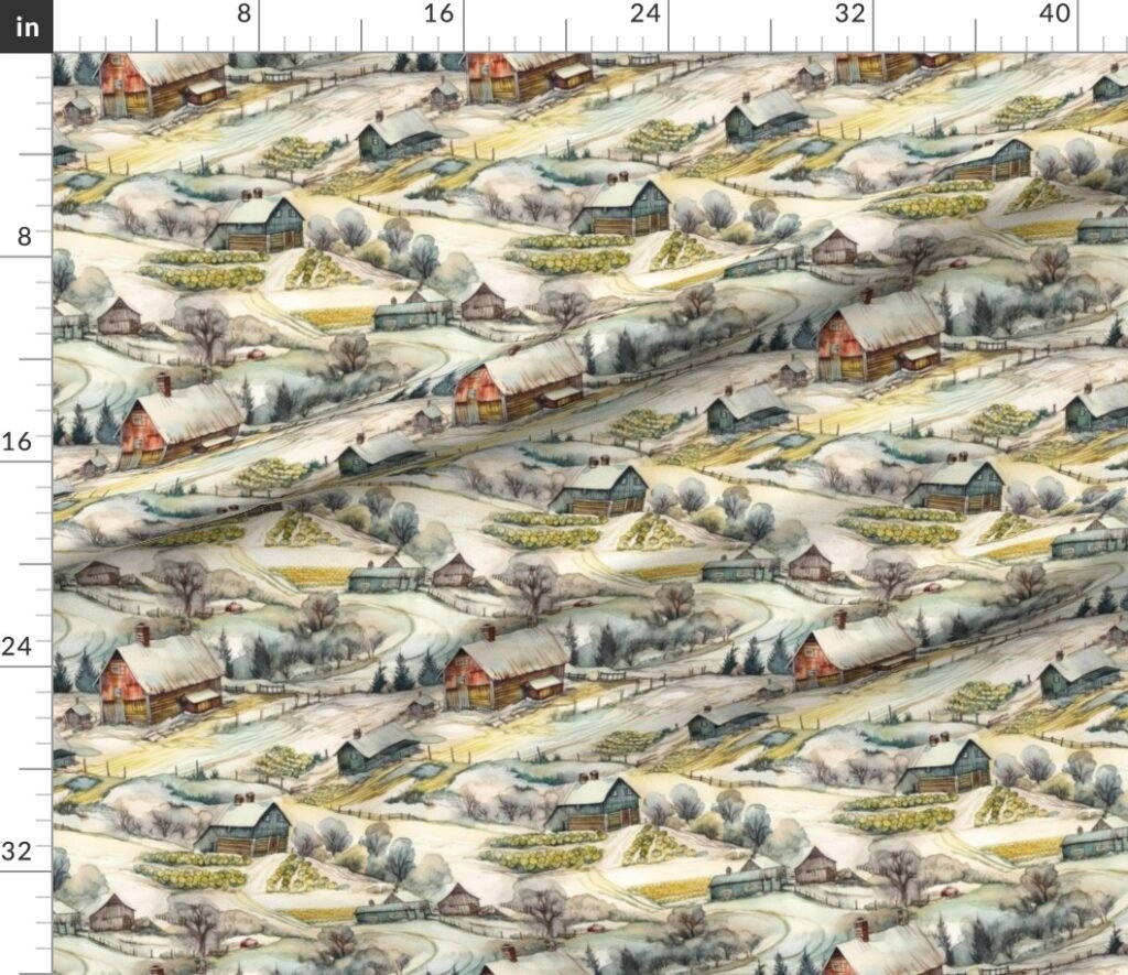 Winter Snowy Farm Landscape Watercolor Fabric design