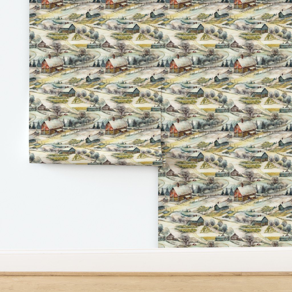 Winter Snowy Farm Landscape Watercolor Wallpaper design