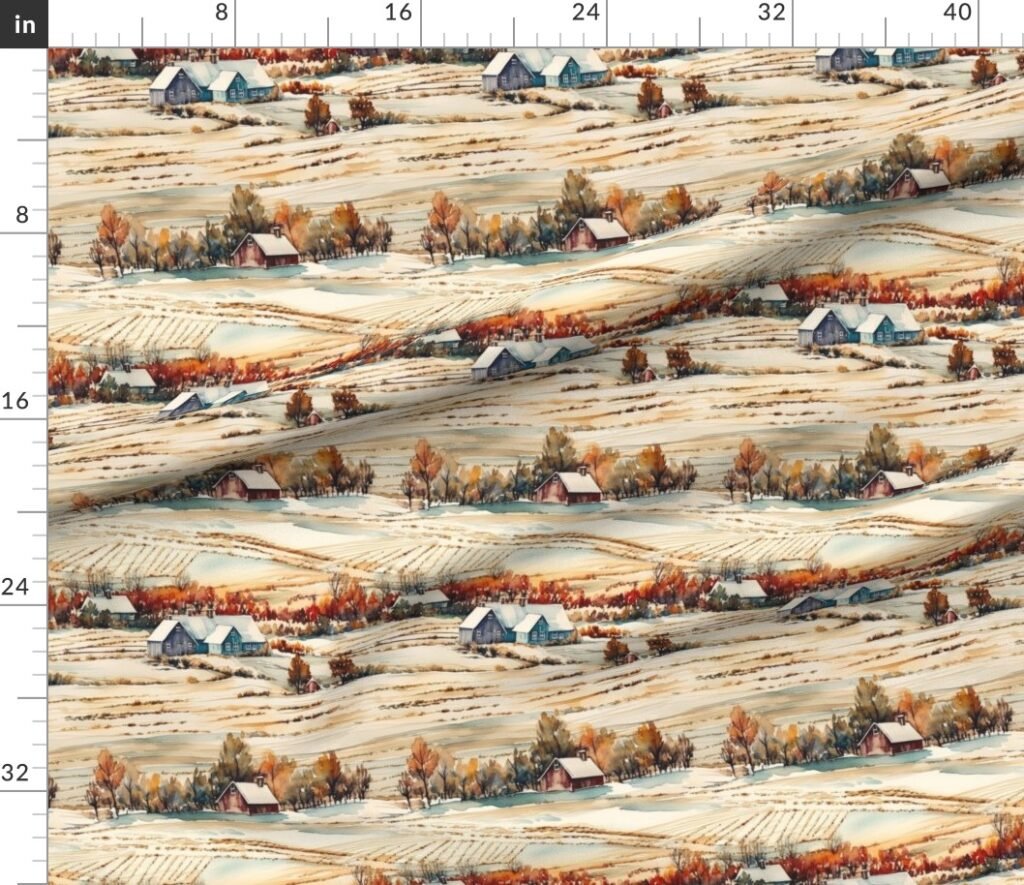Winter Snowy Farm Landscape Watercolor Fabric design