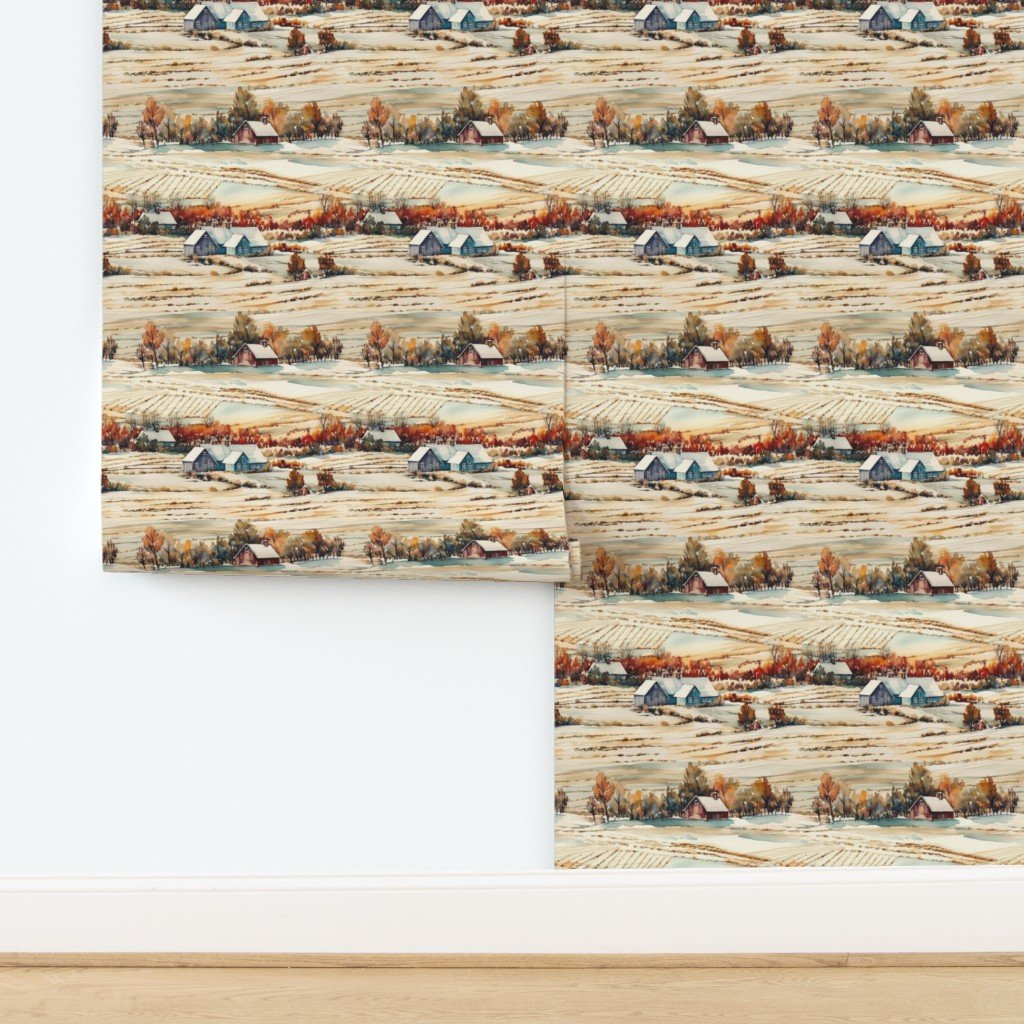 Winter Snowy Farm Landscape Watercolor Wallpaper design
