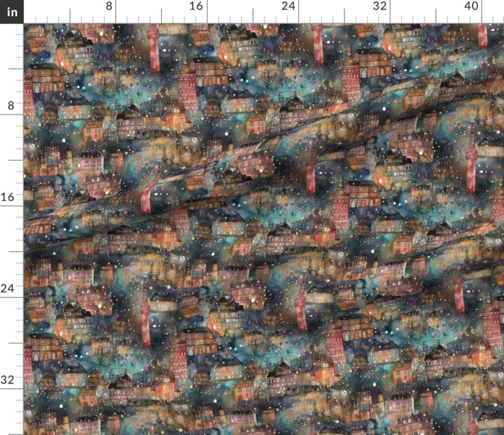 London at New Year's in Watercolors with Fairy Lights and Landmarks Fabric design