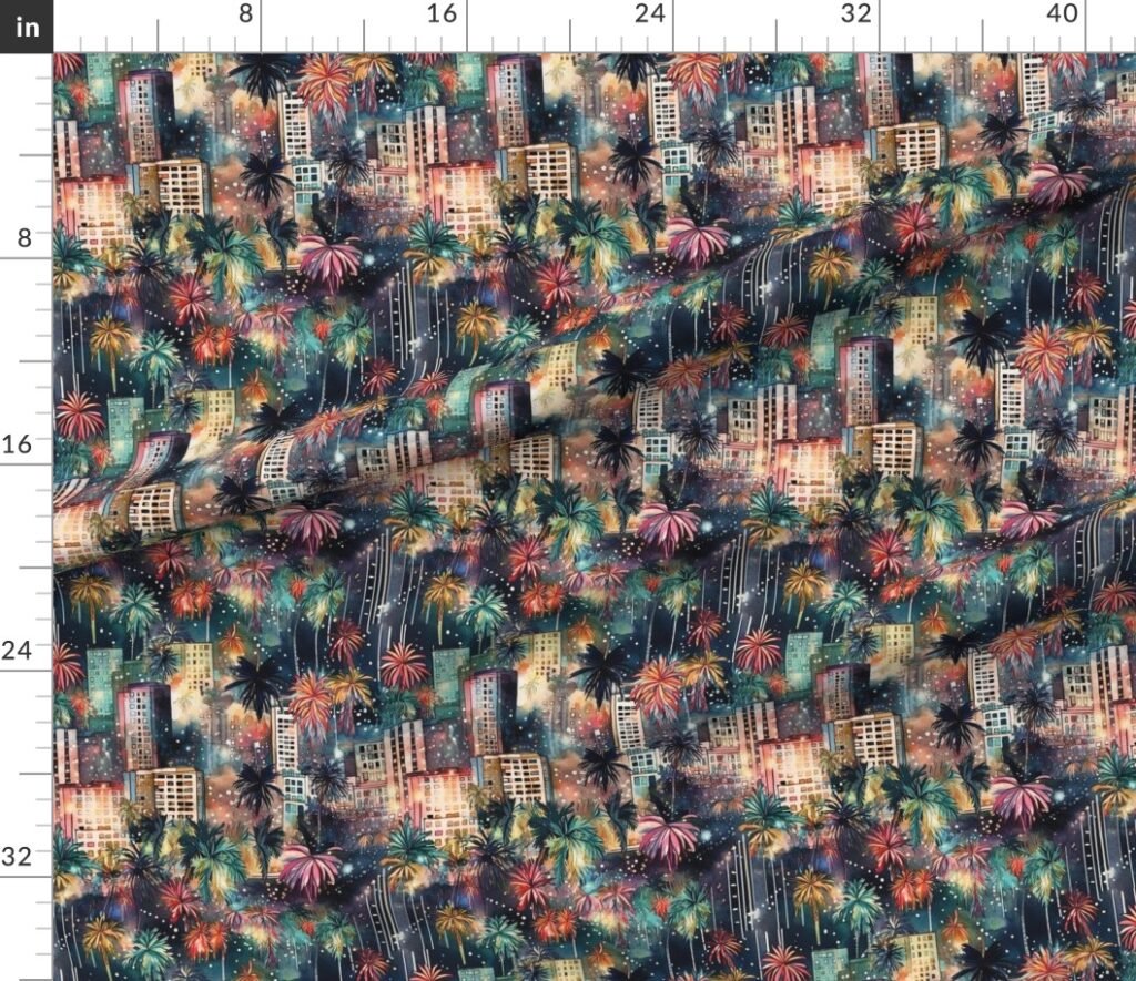Miami at New Year's in Watercolors with Fairy Lights and Landmarks Fabric design
