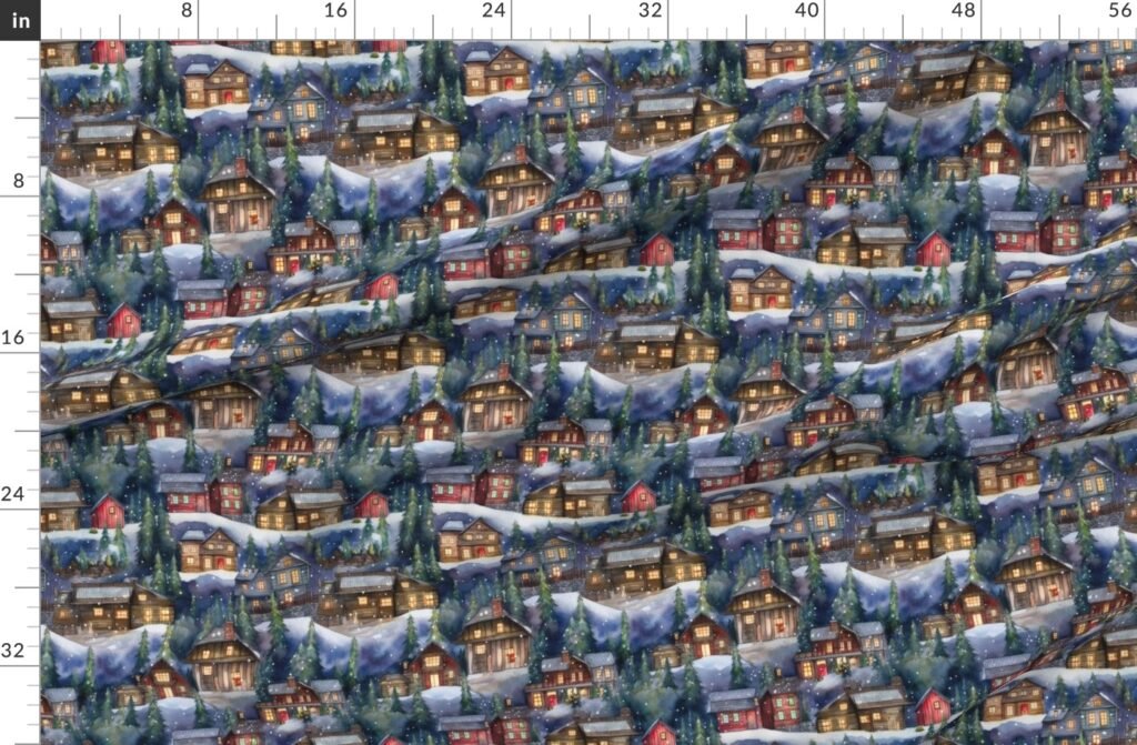 Small Christmas Christmas Rustic Village Winter Cabins Watercolor Fabric design