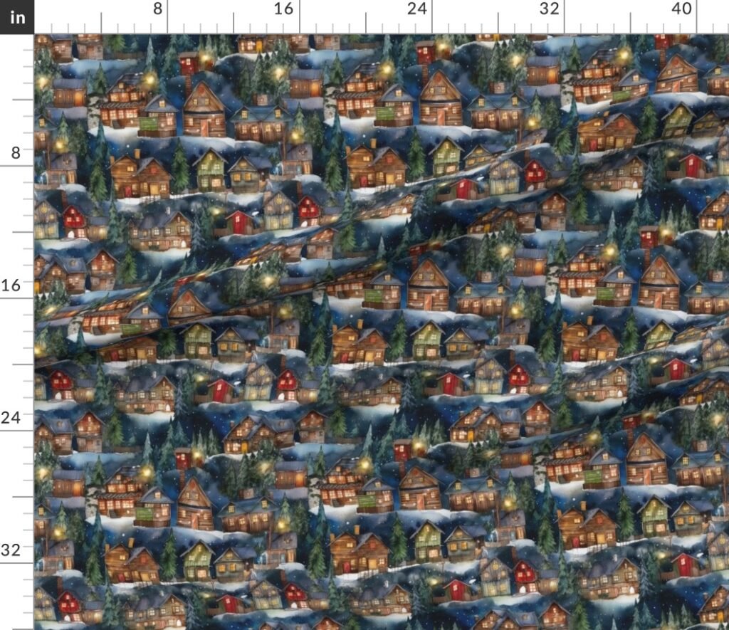 Small Christmas Christmas Rustic Winter Mountainside Cabins Fabric design