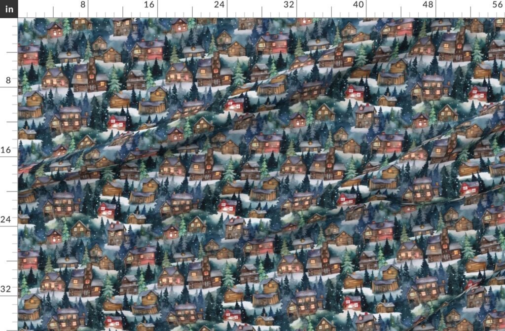 Small Christmas Christmas Rugged Country Winter Cabins Watercolor Fabric design