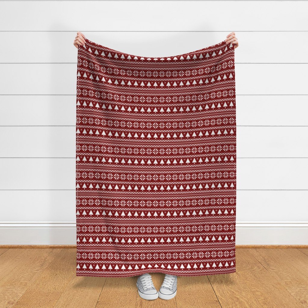 Large Dark Christmas Candy Apple Red Nordic Trees Stripe in White Fabric nordic trees fabric