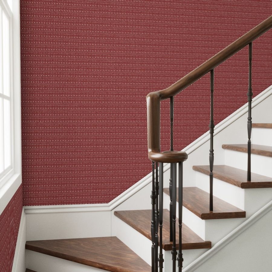 Dark Christmas Candy Apple Red Nordic Trees Stripe in White Home Styling Collection Design Collection nordic pattern wallpaper