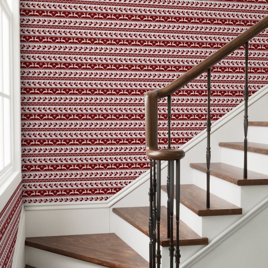 Large Dark Christmas Candy Apple Red Nordic Reindeer Stripe in White Design Collection Home Styling Collection nordic stripe wallpaper