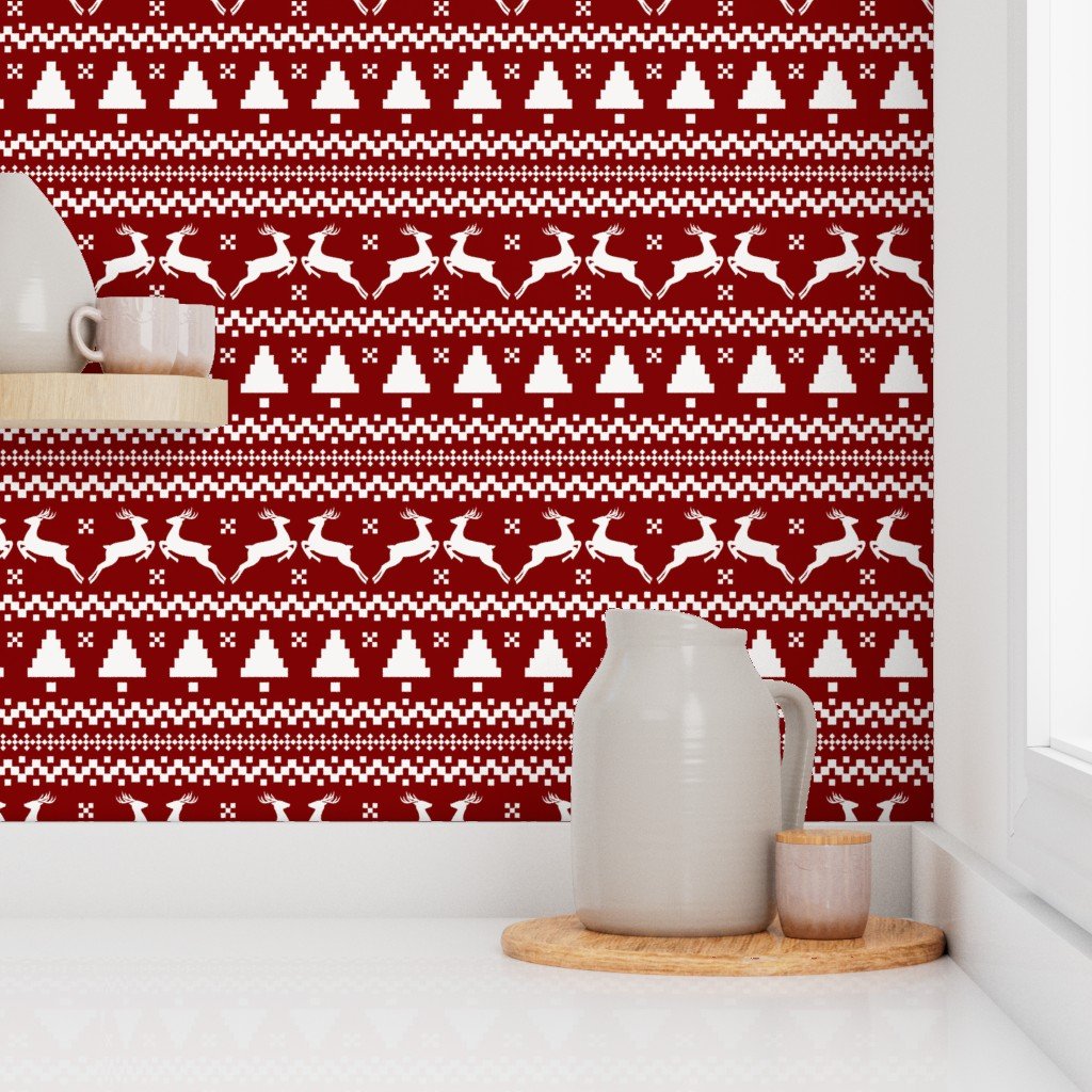 Large Dark Christmas Candy Apple Red Nordic Reindeer Stripe in White Home Decor Collection Interior Collection nordic stripe wallpaper